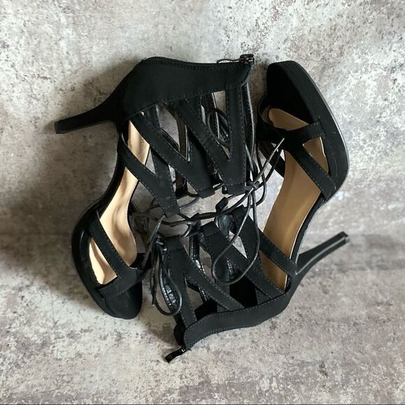 Strappy Stiletto Lace Up Heels Black 8.5 Top Moda Nubuck Party - Picture 9 of 12
